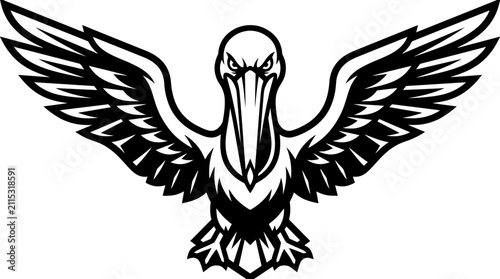 Stylized pelican bird wings outspread black and white