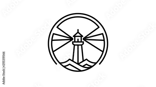 Minimalist lighthouse emblem with light beams and waves