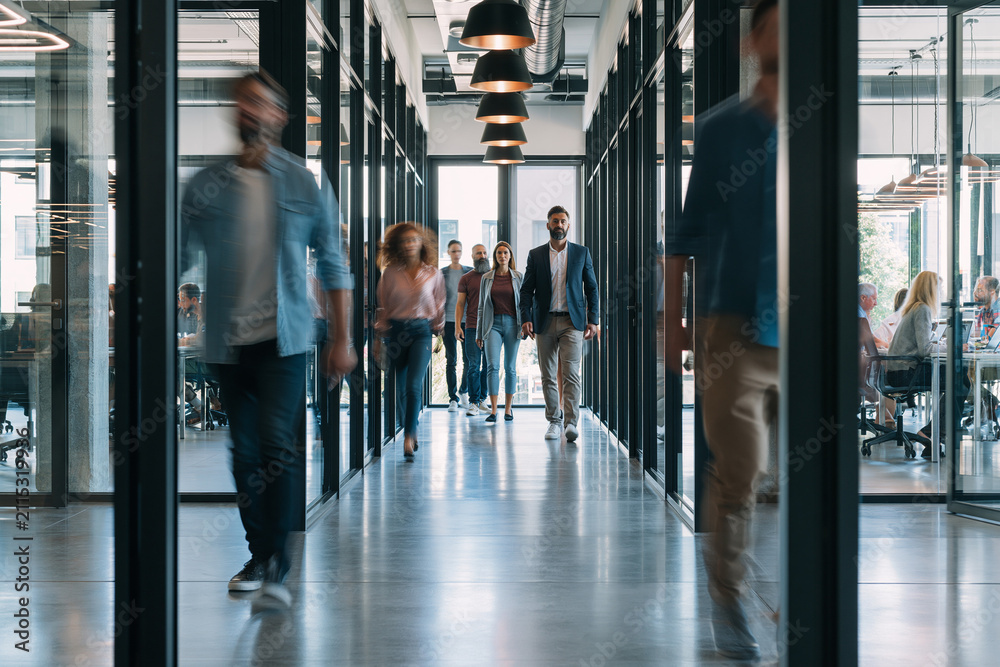 Fototapeta premium Team moving between meeting rooms in a bright summer office