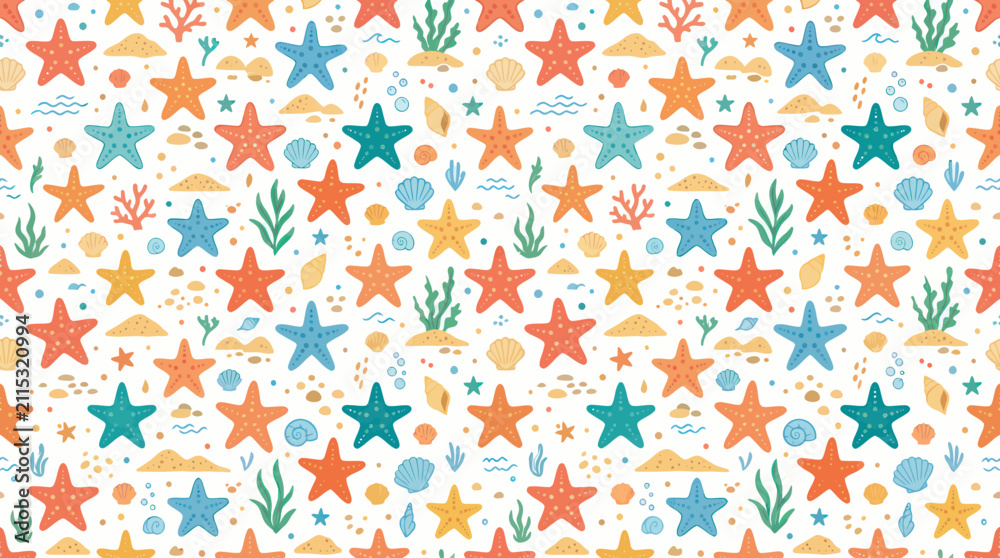 Obraz premium Summer Ocean Marine Life Hand-Drawn Starfish Seamless Pattern - Colorful Kids Beach Background