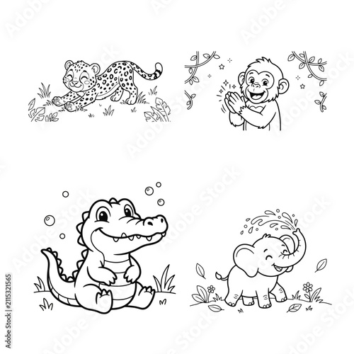 Canvas Print Cute wild animals coloring page for kids featuring a leopard monkey crocodile an