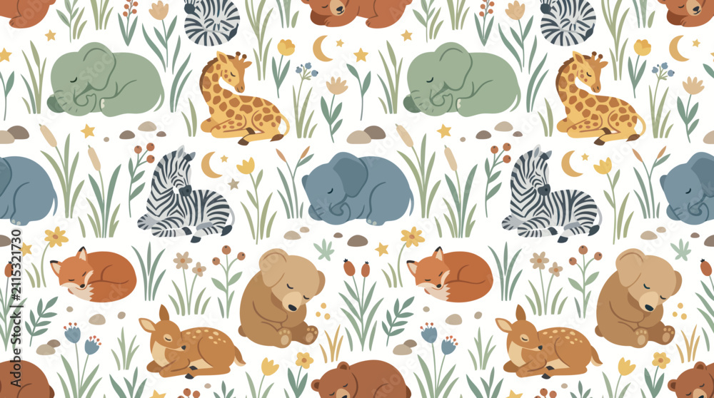 Naklejka premium Cute Sleeping Safari Animals Seamless Pattern Flat Art Style
