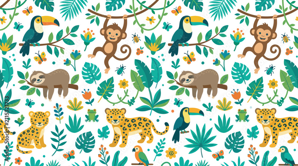 Fototapeta premium Cute Cartoon Jungle Animals Seamless Pattern. Flat Vector Kids Illustration with Tropical Wildlife.