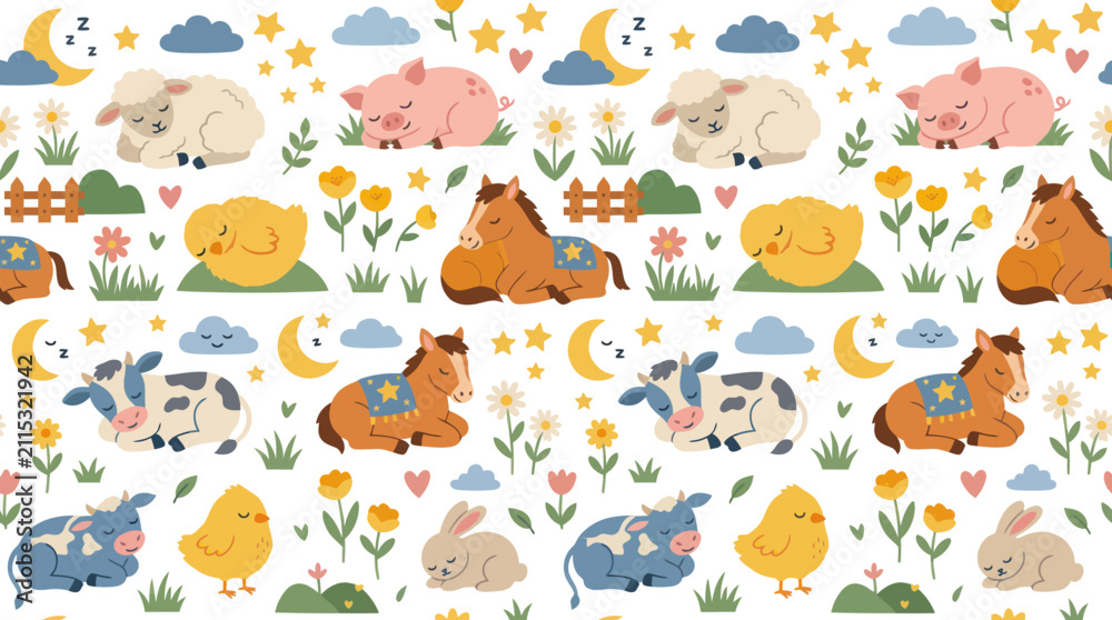 Fototapeta premium Cute Farm Animals Sleeping Seamless Pattern - Flat Vector Art