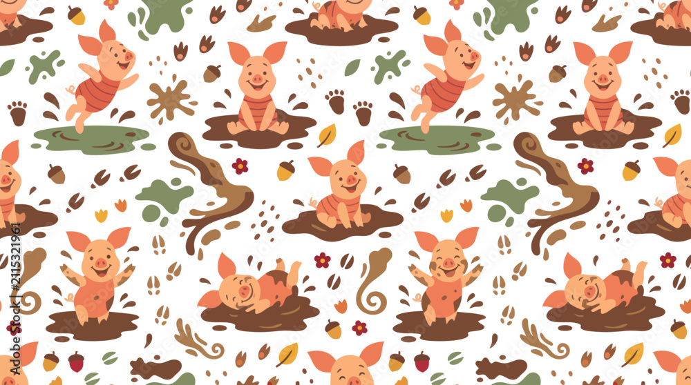 Fototapeta premium Cute Cartoon Piglets Playing in Mud Seamless Pattern Vector Illustration. Fun Farm Animals for Kids Design.