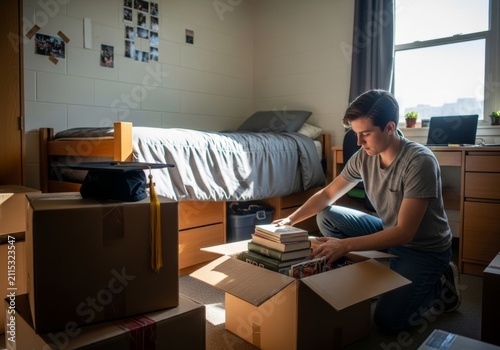 Student packing books into cardboard box in college dorm room. Graduate with mortarboard preparing for moving out. Academic achievement, transition to adulthood and education milestone.