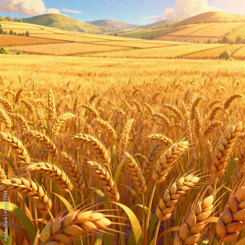 Warm pastoral illustration of golden wheat fields under soft sunlight rolling hills