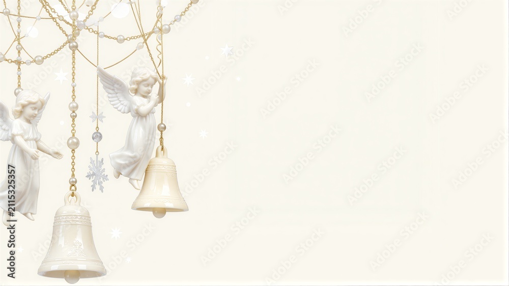 Fototapeta premium White angel figurines and bell hang gracefully against a soft, starry background.