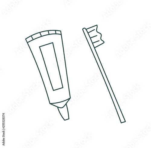 Simple hand drawn line style. A travel icon shows toothpaste and toothbrush as a neat doodle outline. This clean symbol fits camp and trip gear, with cute sketch detail minimal graphic line art in