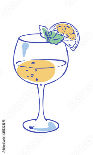 Whimsical lemonade cocktail drink in a glass with lemon fruit and citrus slice, handdrawn doodle style illustration. Fun brunch and summer beverage graphic for cafe menu design white background