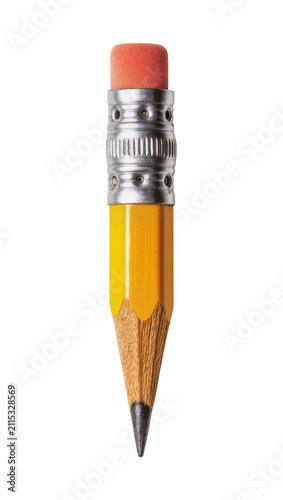 Obraz na płótnie Isolated short yellow wooden pencil with a pink eraser, sharpened and ready for writing or drawing