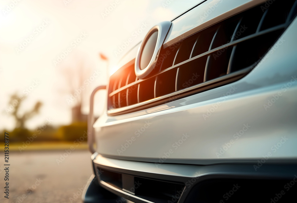 Naklejka premium Close up of a modern cars front grille and bumper with bright sun flare, automotive industry and transportation, this image the automotive industry vehicle design and transportation concepts