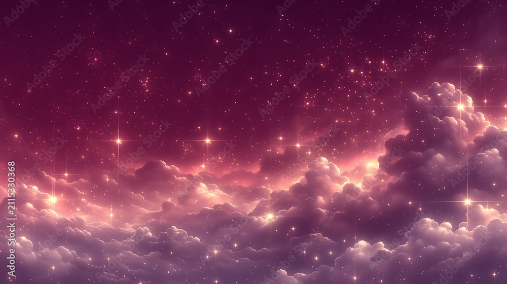Obraz premium Magenta Kpop dreamy celestial sky filled with sparkling bright stars and fluffy cloud layers, cosmic nebula atmosphere, vast blank space for fantasy themed digital layouts and screensaver