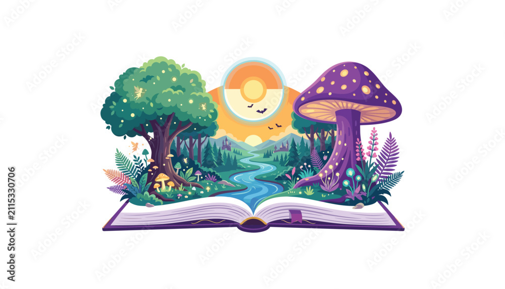 Fototapeta premium Fairy tale fantasy landscape pop up book vector illustration with magic forest glowing mushrooms river and sunset