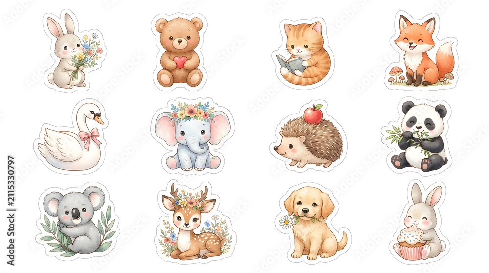 Obraz premium Charming watercolor animal sticker collection featuring a delightful array of cute creatures like bunnies, bears, and foxes, perfect for playful themes and kids' designs