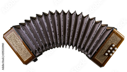 Cuadro en lienzo Isolated traditional button accordion with decorative wooden panels and stretche