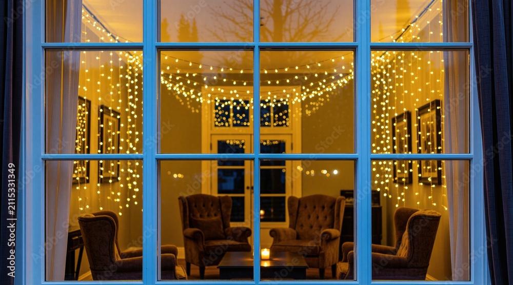 Obraz premium Warm yellow fairy lights cascade across window inside cozy room with armchair seating. Soft glow reflects on glass pane, creating festive indoor ambiance for holidays. Cozy atmosphere.