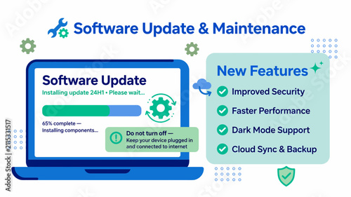 Software update progress bar appears on a laptop screen to notify users about essential system maintenance, security patches, and new feature installations.