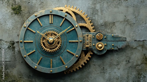 Vintage Mechanical Clock with Gears and Rustic Background in Industrial Design Style for Unique Interior Decor Visuals