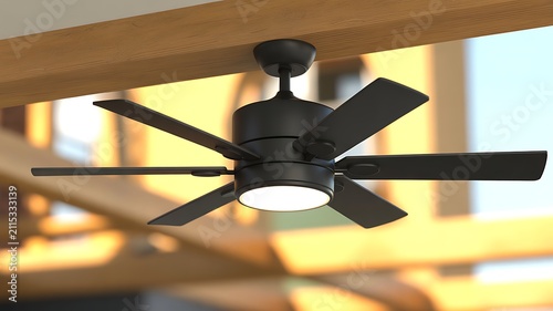 Modern Matte Black Ceiling Fan with Integrated LED Lighting Fixture Installed on a Wooden Beam