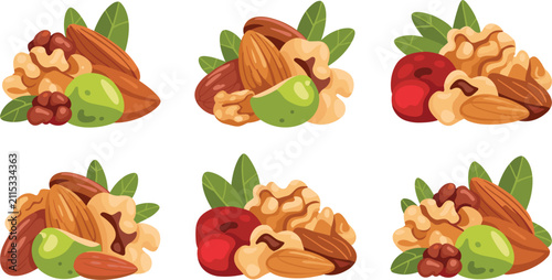 Hand Drawn Mixed Nuts Collection Vector Set Featuring Almonds, Walnuts, Cashews, Hazelnuts, Pistachios, Peanuts, and Fresh Leaves Isolated on White