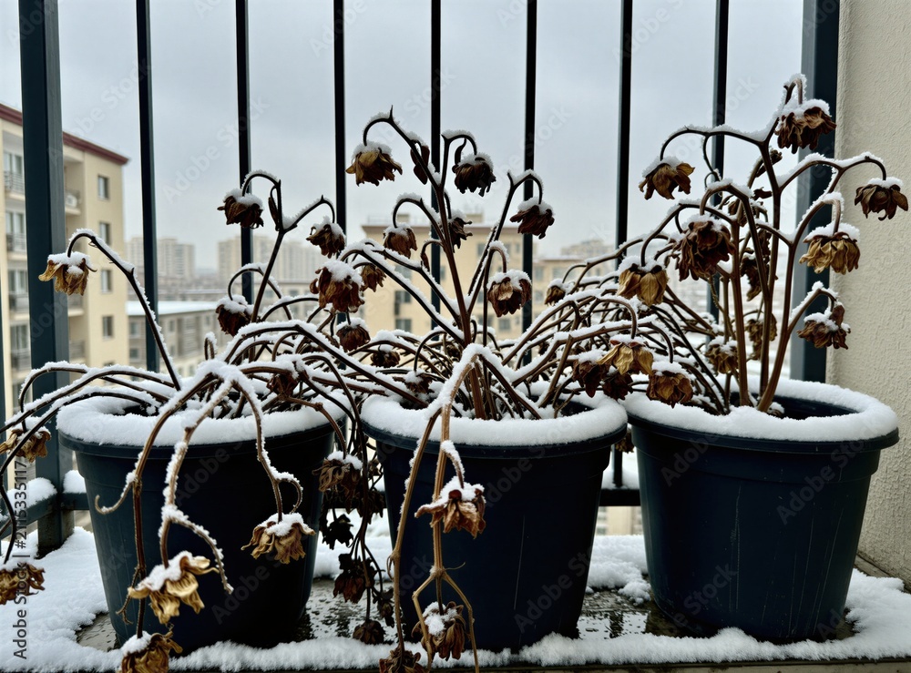Obraz premium Black plastic pots hold dry dead flowers covered with fresh white snow on urban balcony terrace. Cold winter season weather freezes wilted plant stems, withered petals outdoors. Grey city building