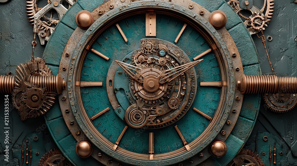 Fototapeta premium Intricate Steampunk Clock Design with Gears and Cogs in Vintage Turquoise Finish for Unique Home Decor Inspiration