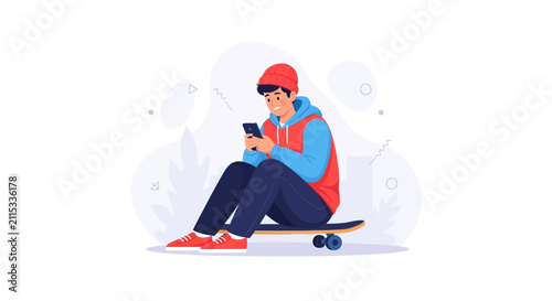 Modern flat vector illustration of a young man in beanie and casual clothes using a smartphone while sitting on a skateboard.