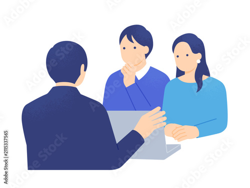 パソコン画面を見ながら不動産営業の説明を真剣に聞く夫婦 上半身のイラスト素材