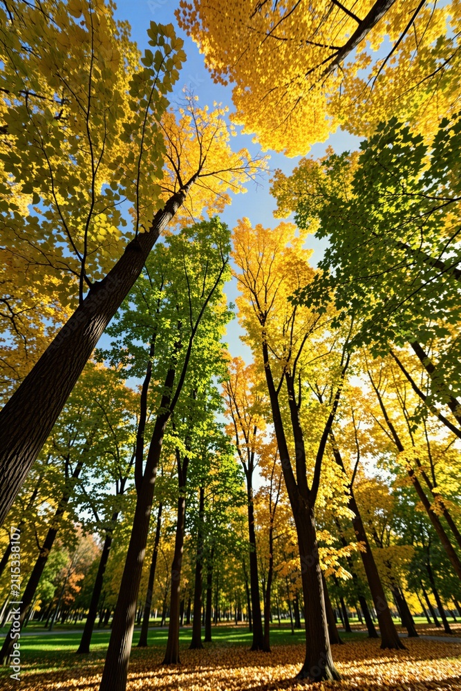 Fototapeta premium Low angle view of tall trees in autumn park. Bright yellow, green leaves change colors on branches against clear blue sky. Sunlight illuminates vibrant forest foliage. Golden season carpet covers