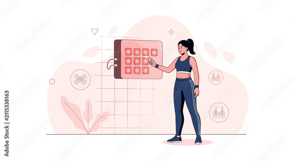 Obraz premium Woman in athletic wear plans fitness routine on digital calendar interface, healthy lifestyle concept