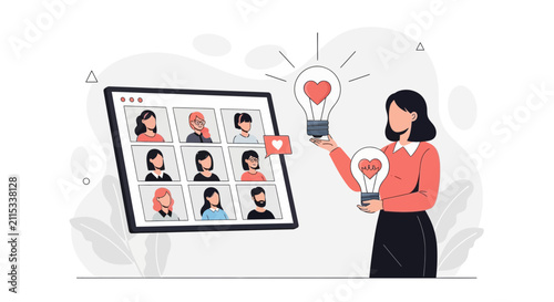 Woman holding lightbulbs with hearts and online meeting screen with diverse faces, symbolizing connection and bright ideas