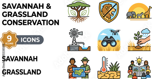 Savannah Grassland Conservation Icons with Wildlife