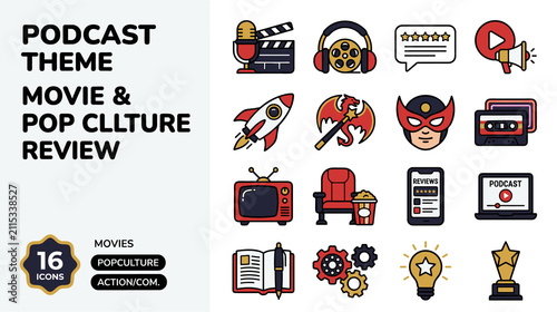 Movie Pop Culture Podcast Review Icons Set