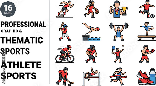 Sports Athlete Icons Set Professional Graphic Design Thematic 16 Icons