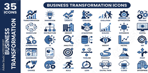 Business transformation icon set. Digital evolution, strategic growth, process improvement, innovation, and corporate optimization symbols.