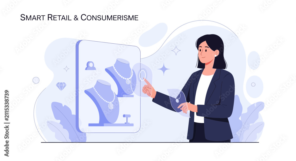 Fototapeta premium Woman Interacting with Futuristic Smart Retail Display, Selecting Jewelry Digitally