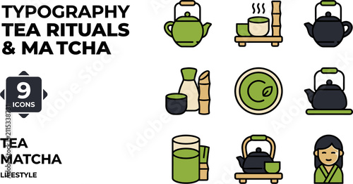 Matcha Tea Rituals Icons Set for Lifestyle Branding