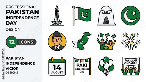 Pakistan Independence Day Vector Icons Celebration Set