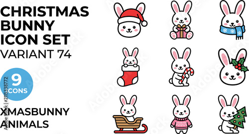 Cute Christmas Bunny Icons Set Festive Holiday Rabbits