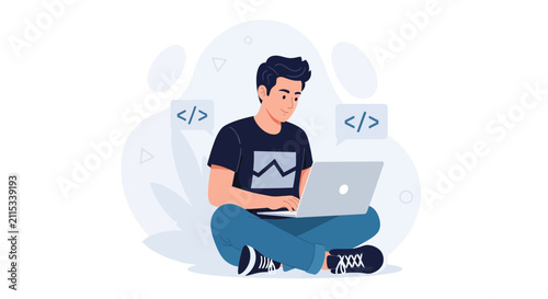 Young man coding on laptop, sitting cross-legged with code symbols in speech bubbles, modern flat design