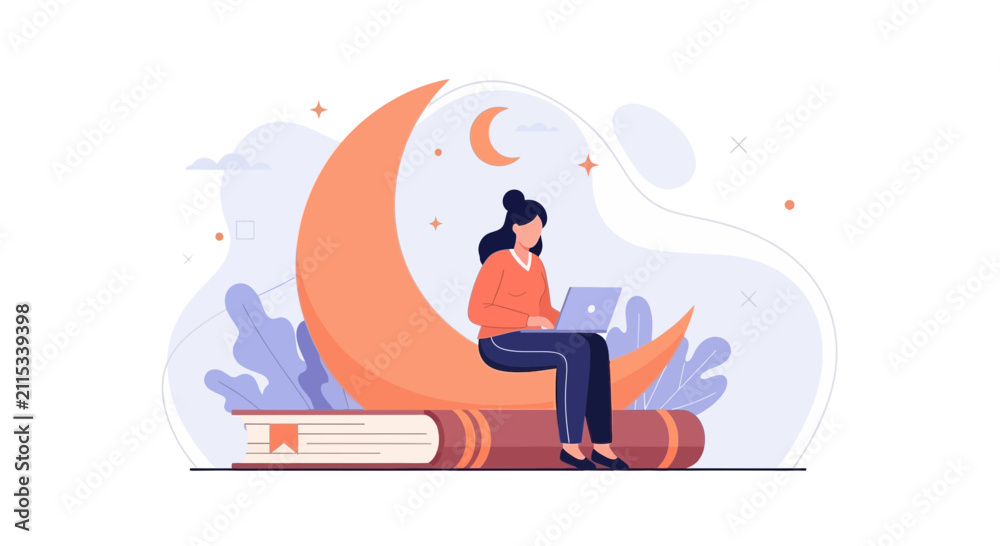 Obraz premium Woman working on laptop on crescent moon, surrounded by books and night sky elements