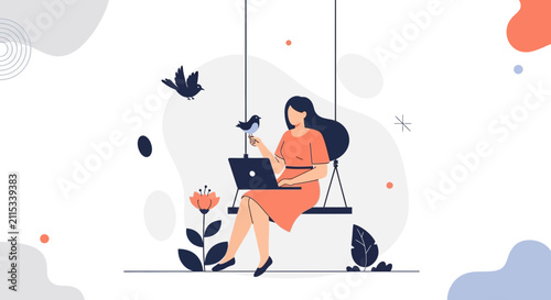 Woman Working on Laptop on a Swing in Nature, Bird Interaction, Freelance Lifestyle