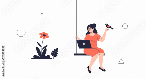 Woman working on laptop on a swing with a bird, surrounded by nature and abstract shapes