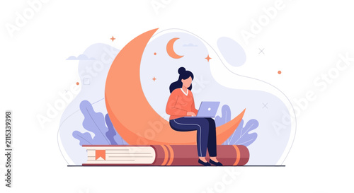 Woman working on laptop on crescent moon, surrounded by books and night sky elements