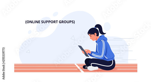 Young Woman Using Tablet for Online Support Group Discussion on Running Track