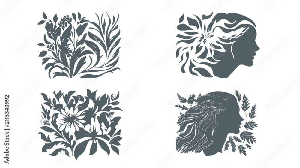 Fototapeta premium Four square designs feature floral motifs, alongside two silhouette profiles with botanical elements