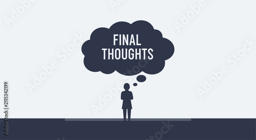 A vector silhouette of a person standing beneath a large thought bubble containing the text 