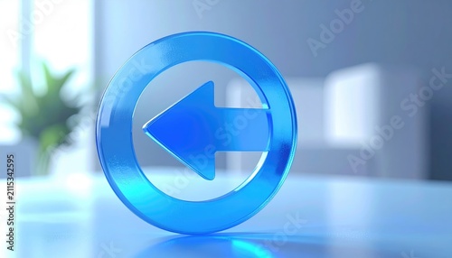 Transparent blue left arrow icon on a reflective surface, soft background