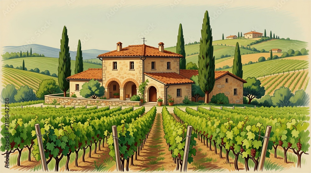Obraz premium Hand drawn illustration of stone villa in Italian vineyard. Rural countryside landscape with green grape rows on rolling hills. Mediterranean estate with cypress trees, tiled roof under clear sky.